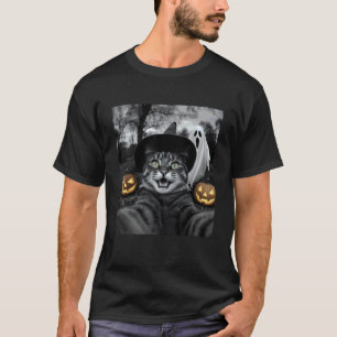 Camiseta Gato Divertido Selfie con una Bruja y Fantasma Hal