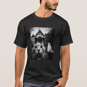 Camiseta Gato Divertido Selfie Fantasma Halloween Casa Foto