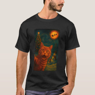 Camiseta Gato Divertido Selfie Santa Muñeco de Nieve Noche