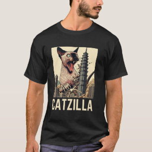 Camiseta Gato divertido Sphynx sin pelo Catzilla arte japon