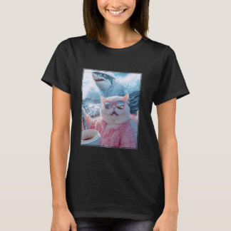 Camiseta Gato Divertido Tiburón Meme Selfie Gato en un Yate