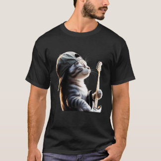 Camiseta Gato Divertido Tocando Guitarra Eléctrica Acústica