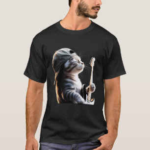 Camiseta Gato Divertido Tocando Guitarra Eléctrica Acústica