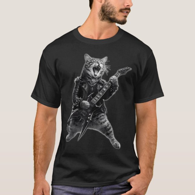 Camiseta Gato Divertido Tocando Música Rock 'N Roll con Gui (Anverso)