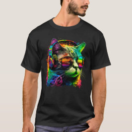 Camiseta Gato Dj Arcoiris Con Auriculares Y Gafas De Sol