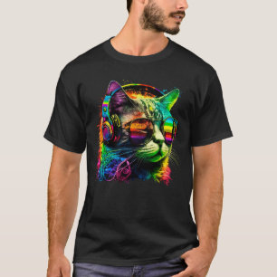 Camiseta Gato Dj Arcoiris Con Auriculares Y Gafas De Sol