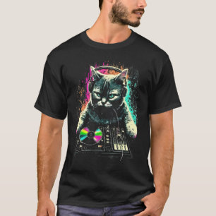 Camiseta Gato DJ divertido girando surcos felinos