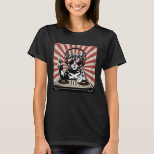 Camiseta Gato DJ genial con auriculares Arte de música vint