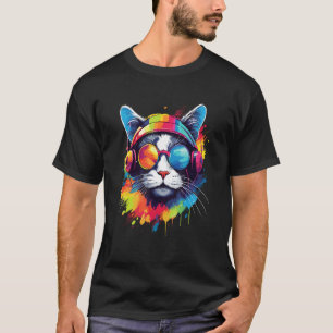 Camiseta gato DJ que lleva auriculares y gafas de sol