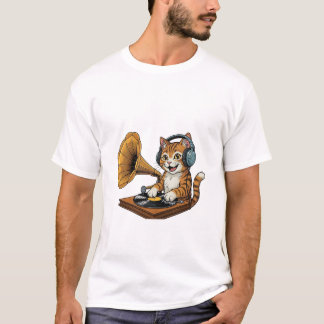 Camiseta Gato DJ Vintage con Tocar discos de Gramófono