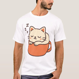 Camiseta Gato Dormido Adorable en Taza de Café