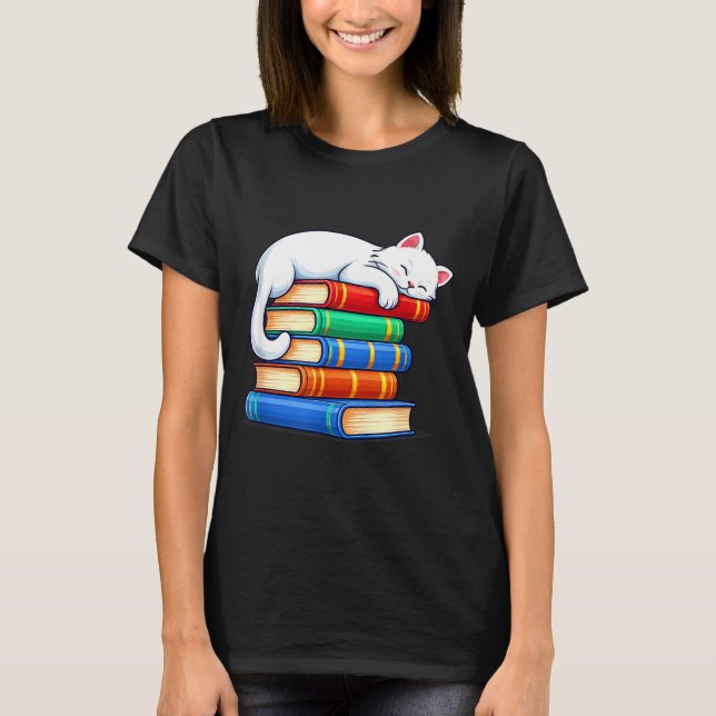 Camiseta Gato dormido y libros adorables divertidos acogedo (Anverso)