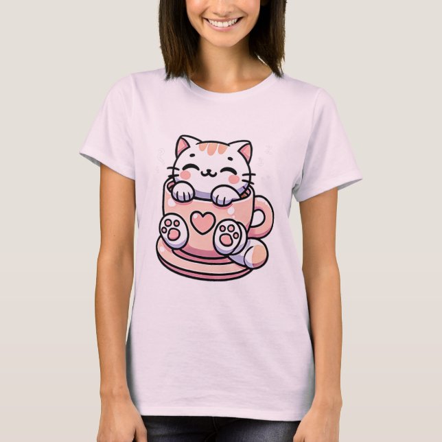 Camiseta Gato durmiente kawaii en teacup estético (Anverso)