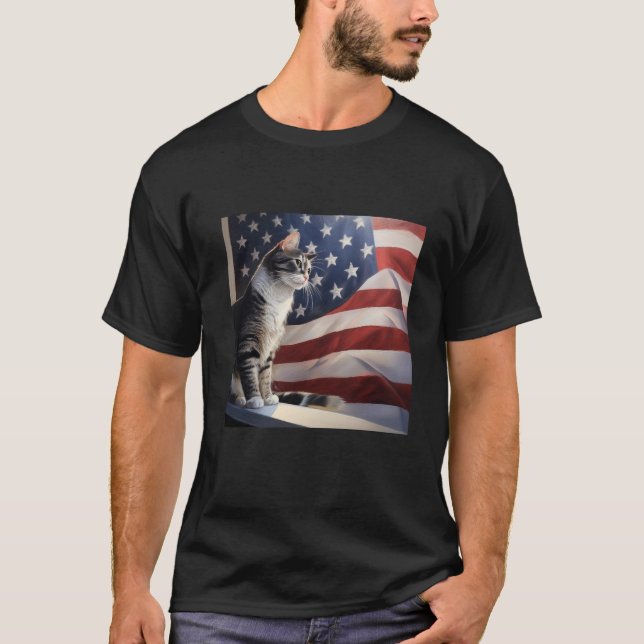 Camiseta Gato egeo frente a la bandera estadounidense (Anverso)