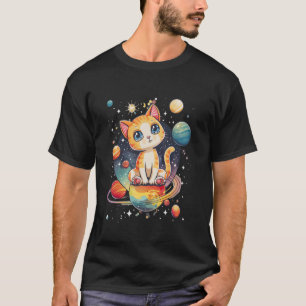 Camiseta gato en el espacio con planetas en galaxias niños 