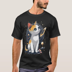 Camiseta gato en el espacio con planetas en galaxias niños