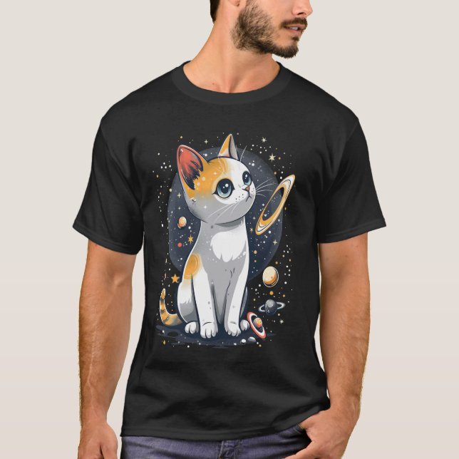 Camiseta gato en el espacio con planetas en galaxias niños  (Anverso)