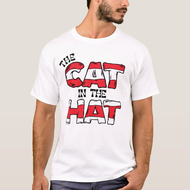Camiseta Gato en el Gorra | Texto de franja roja y blanca (Anverso)