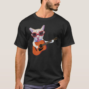 Camiseta Gato En Gafas Jugando Gráfica De Guitarra Arriba
