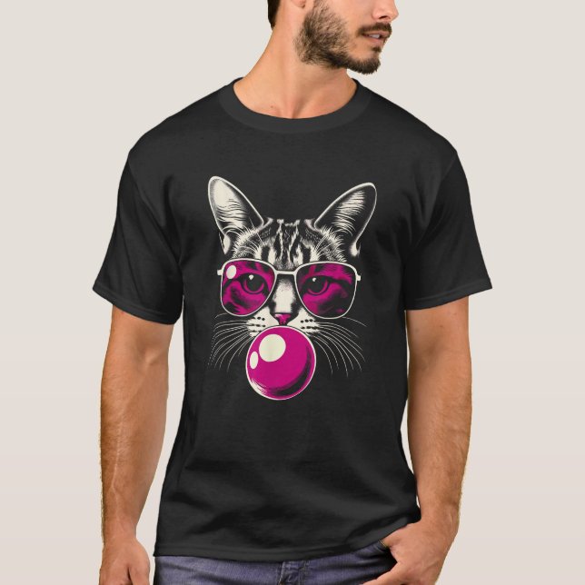 Camiseta Gato en gafas rosadas Burbuja rosada Hombres Mujer (Anverso)