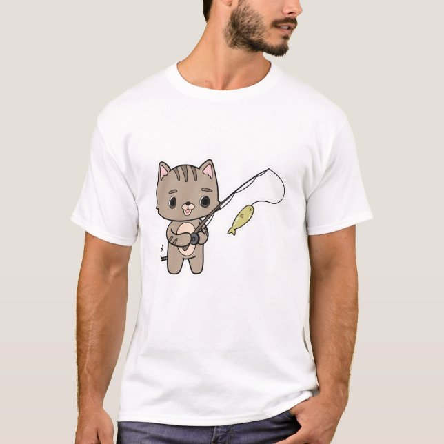 Camiseta Gato en la pesca con barra de pesca (Anverso)