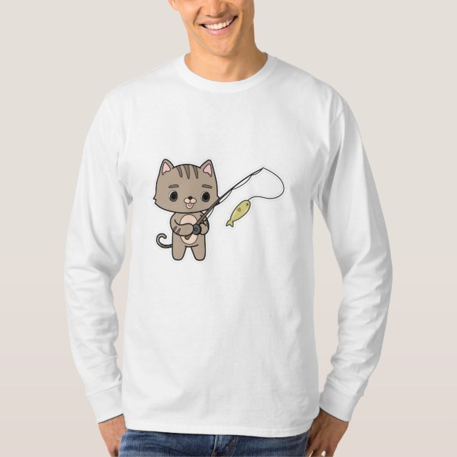 Camiseta Gato en la pesca con barra de pesca (Anverso)
