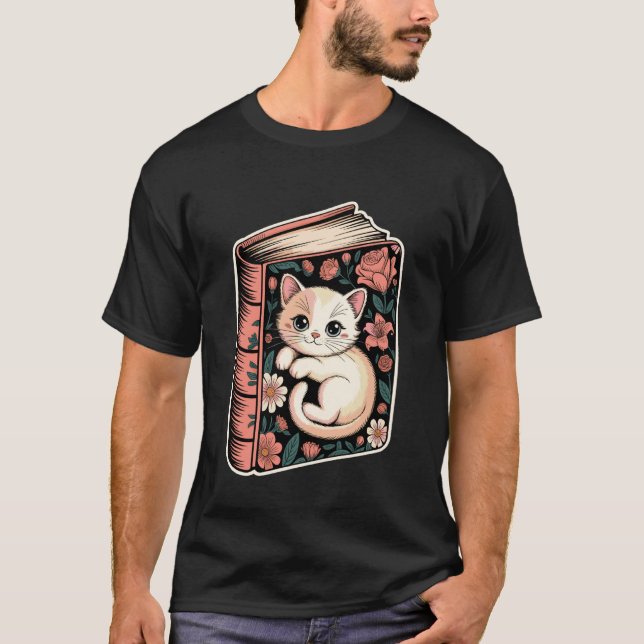 Camiseta Gato en libro con flores y mariposas 1 (Anverso)