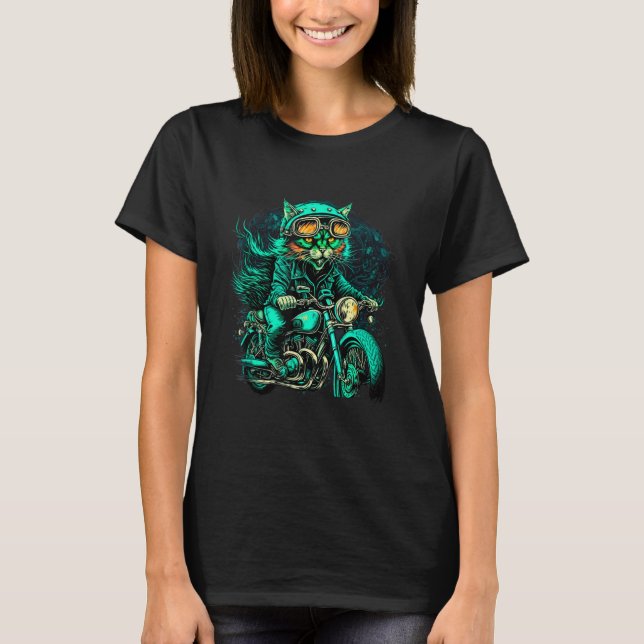 Camiseta Gato en motocicleta Revelando el diseño de la moto (Anverso)