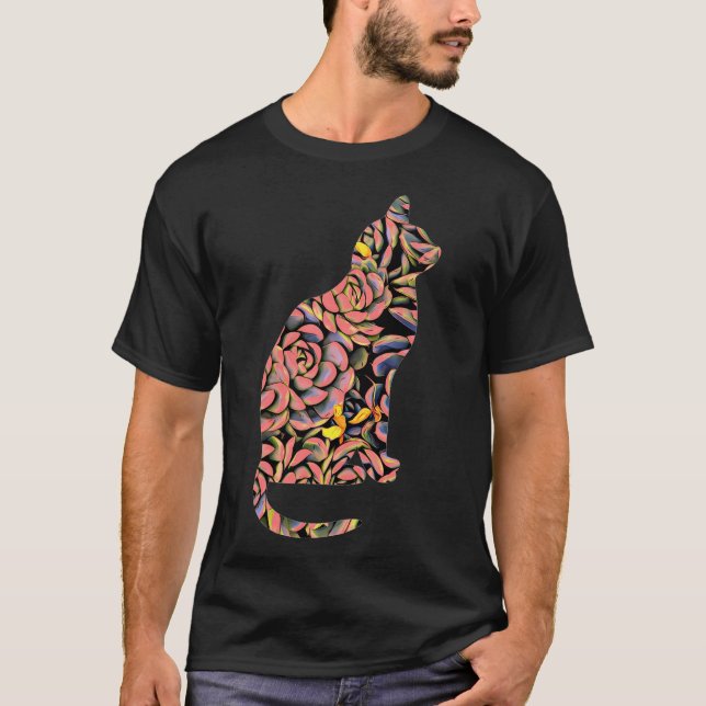 Camiseta Gato En Suculentas Flores Coloridas - (Anverso)