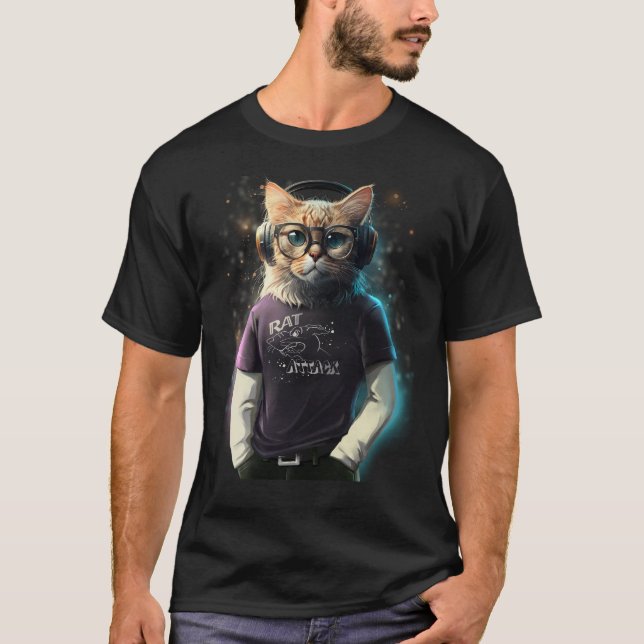 Camiseta Gato en una camiseta, audífonos y gafas (Anverso)