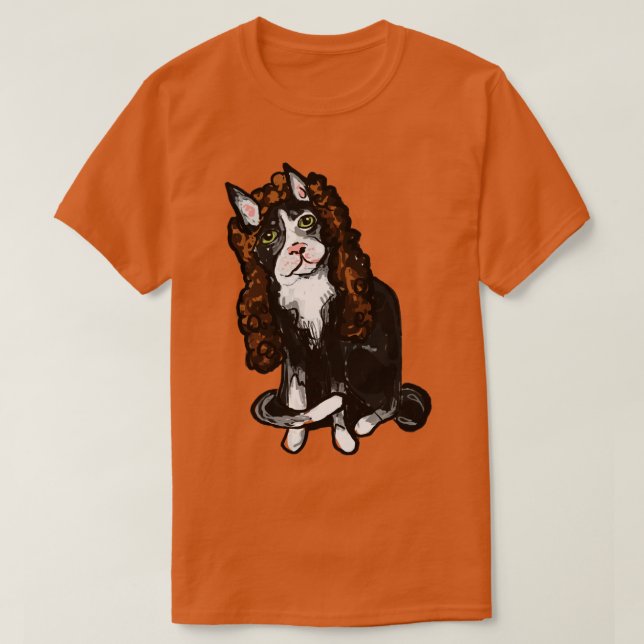 Camiseta Gato en una peluca marrón rizada (Diseño del anverso)
