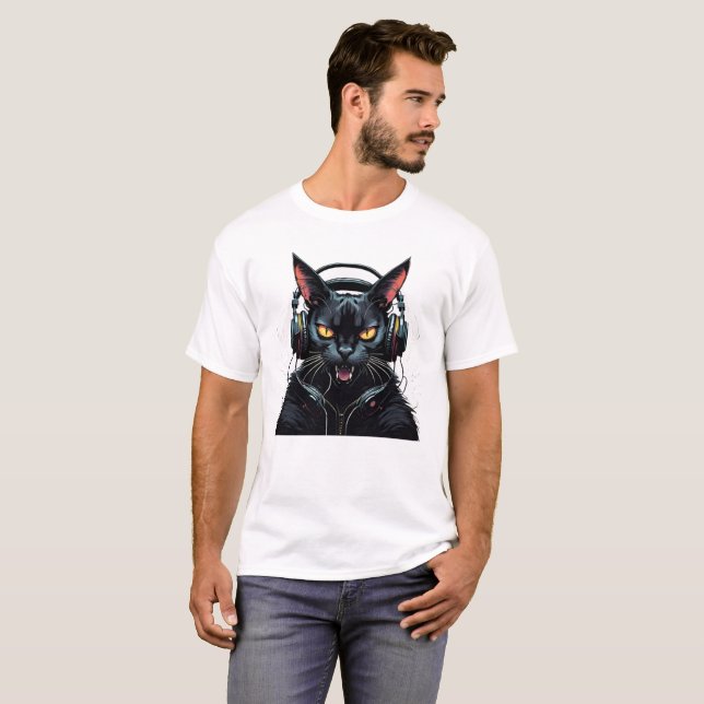 Camiseta gato enojado con audífonos lindo gato gracioso (Anverso completo)