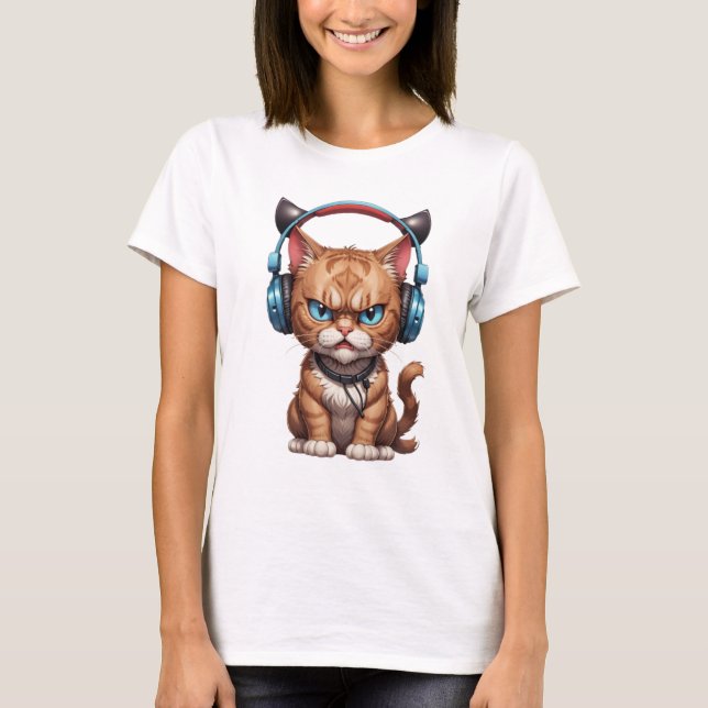 Camiseta gato enojado con audífonos lindo gato gracioso (Anverso)