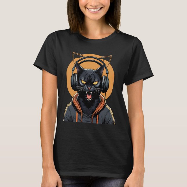 Camiseta gato enojado con audífonos lindo gato gracioso (Anverso)