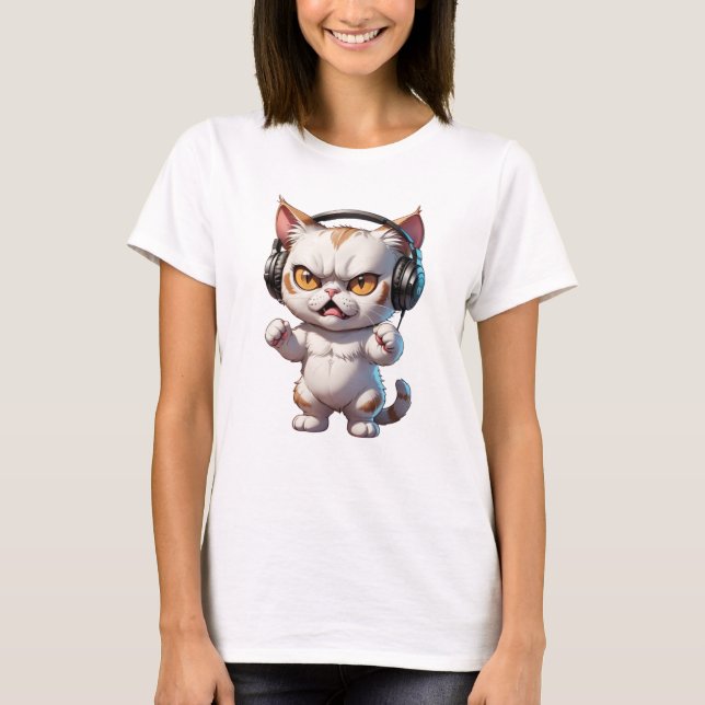 Camiseta gato enojado con audífonos lindo gato gracioso (Anverso)