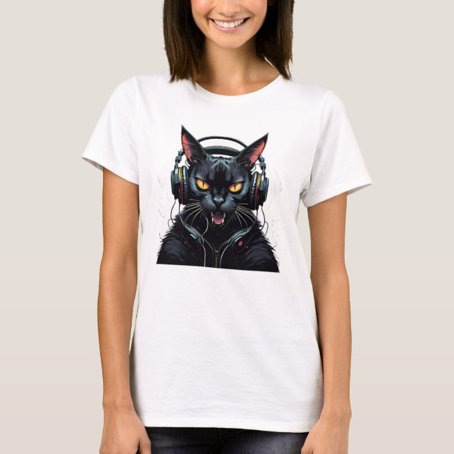 Camiseta gato enojado con audífonos lindo gato gracioso (Anverso)