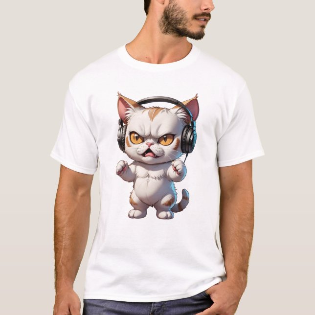 Camiseta gato enojado con audífonos lindo gato gracioso (Anverso)