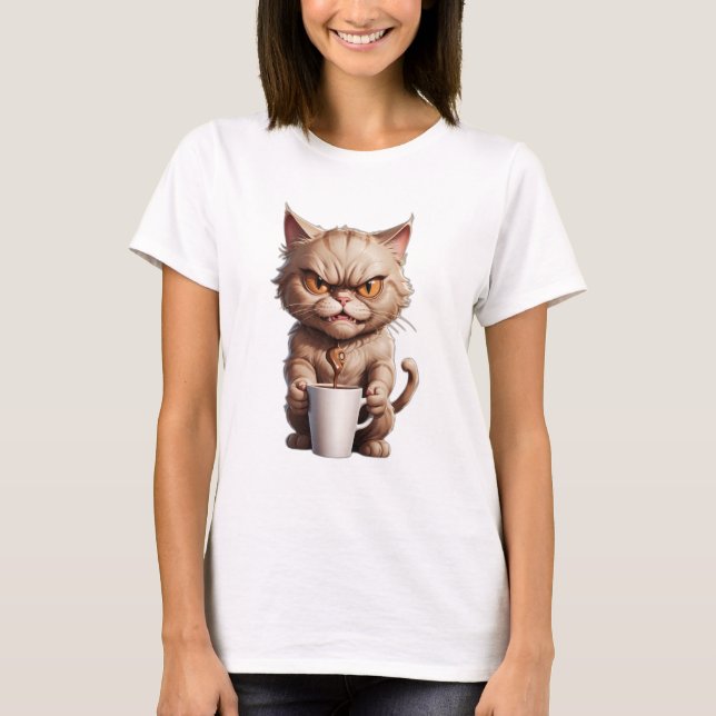 Camiseta Gato enojado con tazón de café lindo gato gracioso (Anverso)