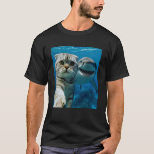 Camiseta Gato escocés plegable divertido selfie con tiburón