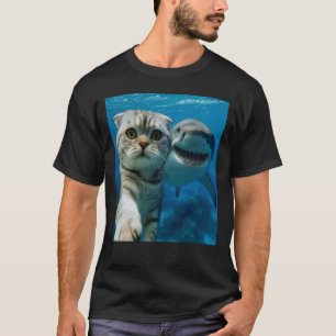 Camiseta Gato escocés plegable divertido selfie con tiburón