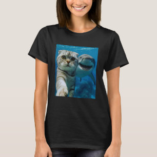 Camiseta Gato escocés plegable divertido selfie con tiburón