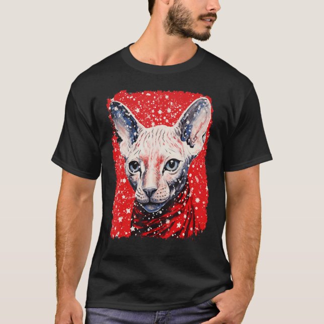Camiseta Gato Esfinge sin pelo Rojo Navidad Pop Art (Anverso)