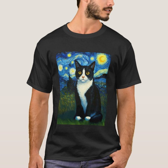 Camiseta Gato esmoquin noche estrellada (Anverso)