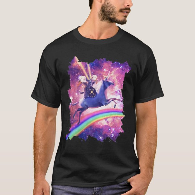 Camiseta Gato espacial De Guerrero Lazer Montando Unicornio (Anverso)