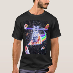 Camiseta Gato Espacial de Ojos Láser Montando Pizza Arcoíri
