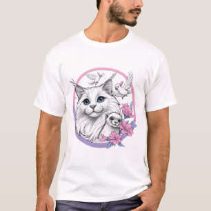 Camiseta Gato Esponjoso con Hurón y Cacatúas