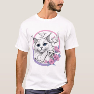 Camiseta Gato Esponjoso con Hurón y Cacatúas