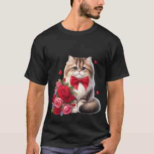 Camiseta Gato Esponjoso y Adorable con Ramo de Rosas Rojas