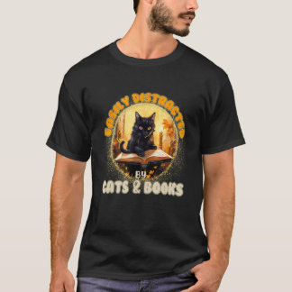 Camiseta Gato Fácilmente Distraído por Gatos y Libros