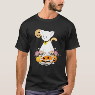 Camiseta Gato Fantasma de Halloween con Floral de Calabaza 